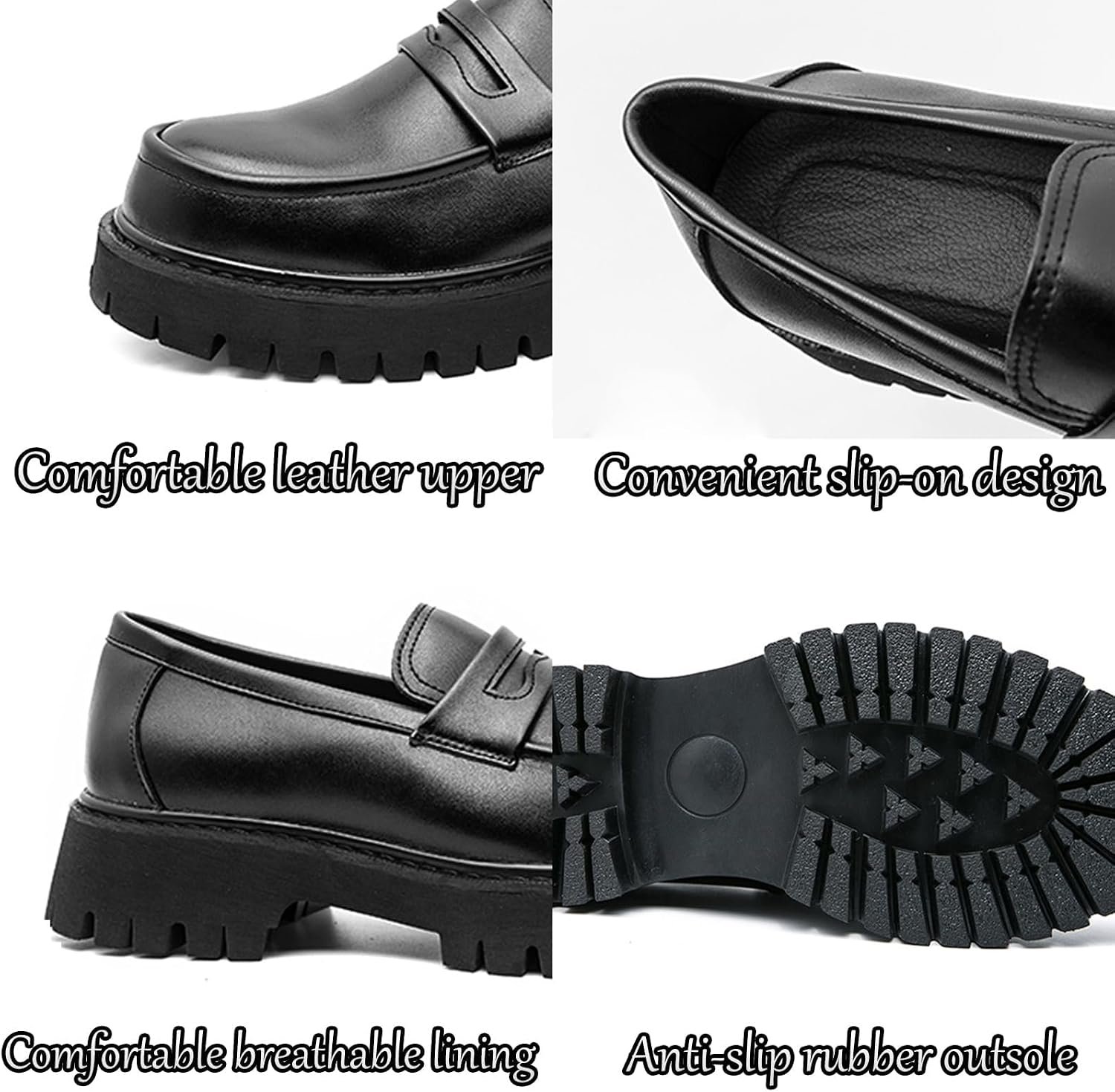 Men's Leather Platform Chunky Slip-On Penny Loafers Classic Round Toe Lug Sole Business Casual Formal Work Shoes - Image 2