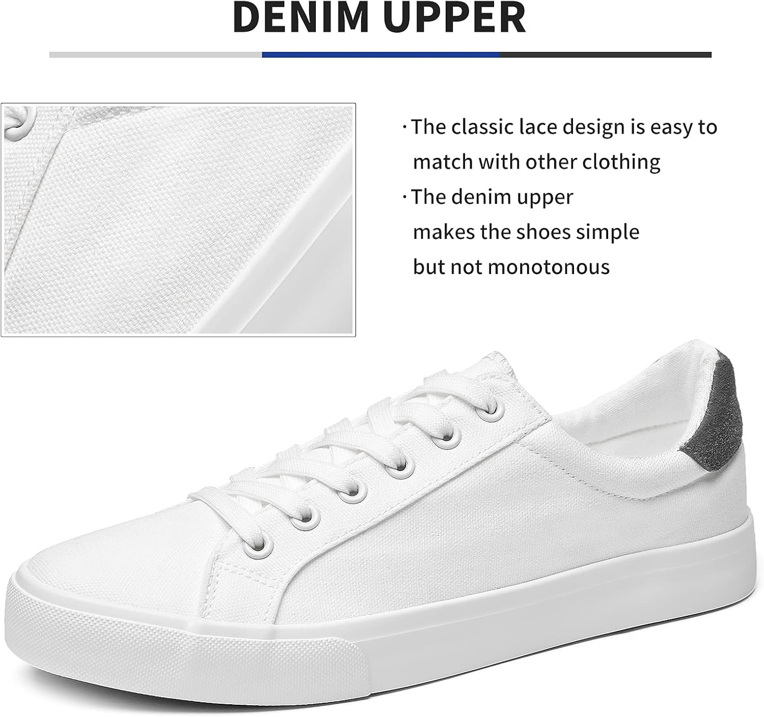 Mens Canvas Shoes White Black Sneakers Low Top Lace Up Casual Shoes - Image 2